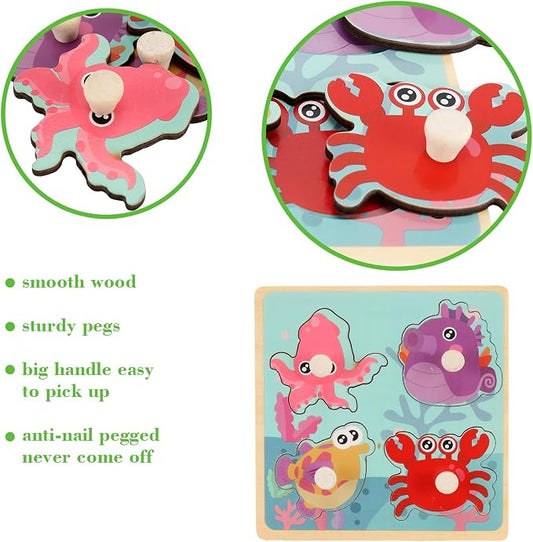 Wooden Peg Puzzles for Toddlers 1-3, Kids' Educational Preschool Peg Puzzle Toy, Set of 4 Toddler Puzzles - Farm, Dinosaur, Fruit and Marine Animals, Ideal Gift for Ages 1 2 3 Boys and Girls - Image 2