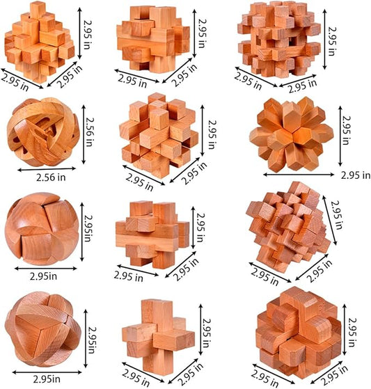 18 Pack Large Wooden Brain Teaser Puzzles Wooden Burr Puzzles Brain Teaser Puzzle with Gift Packing Box Magic Puzzle Games Toys Stocking Stuffers Party Favors for Kids and Adults (Natural Wood)