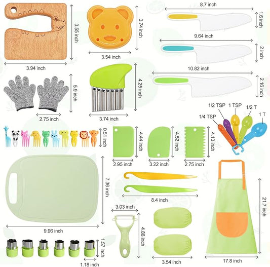 50PCS Kids Kitchen Cooking Set - Crocodile Wooden Kid Safe Knife Cutting Board Apron Gloves Fruit Vegetable Crinkle Cutters Peeler Serrated Edges Plastic Toddlers Knives, Kids Knifes for Real Cooking - Image 2