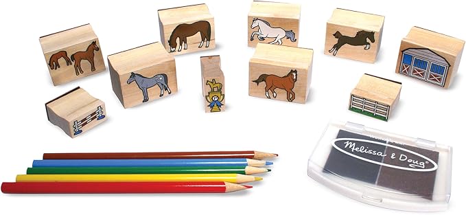 Melissa & Doug Wooden Stamp Activity Set: Horse Stable - 10 Stamps, 5 Colored Pencils, 2-Color Stamp Pad - Image 9