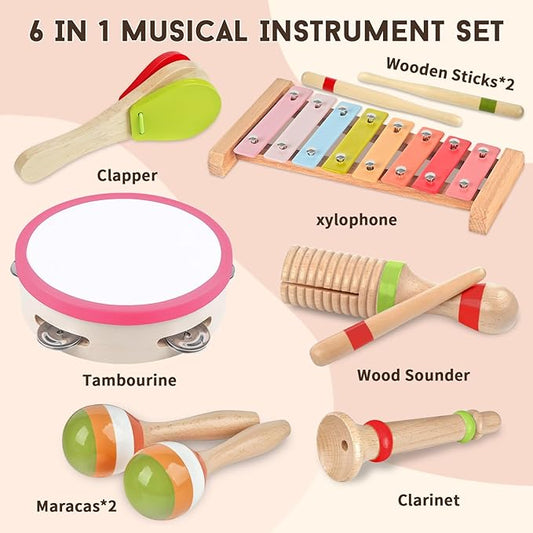 Toddlers Musical Instruments for 1 2 3 Year Old Girls,Baby Montessori Wooden Musical Toys for Toddlers 1-3 Year Old,Kids Musical Toy for Preschool,Christmas Birthday Gift for Baby Girls (Pink 6 in 1)