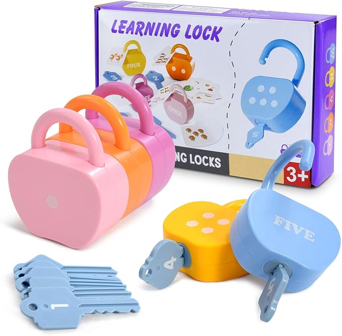 GEERAY Cause and Effect Toys for Toddlers 3+, Montessori Lock & Key Set with 5 Apple-Shaped Locks, Keys & 10 Cards – Learn Numbers, Colors & Motor Skills STEM Toy Gift for Home & Classroom - Image 9