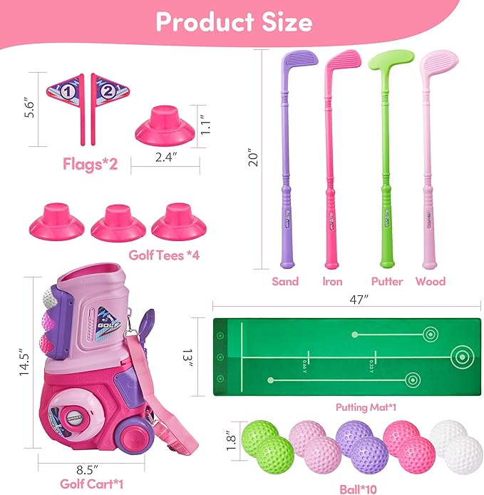 PJG Toddler Golf Set with Mat, Plastic Kids Golf Clubs 3-5 with 4 Golf Clubs and 10 Balls, Indoor and Outdoor Golf Toys with Cart for Toddlers Boys and Girls Aged 1 2 3 4 5 Years Old Birthday (Pink)