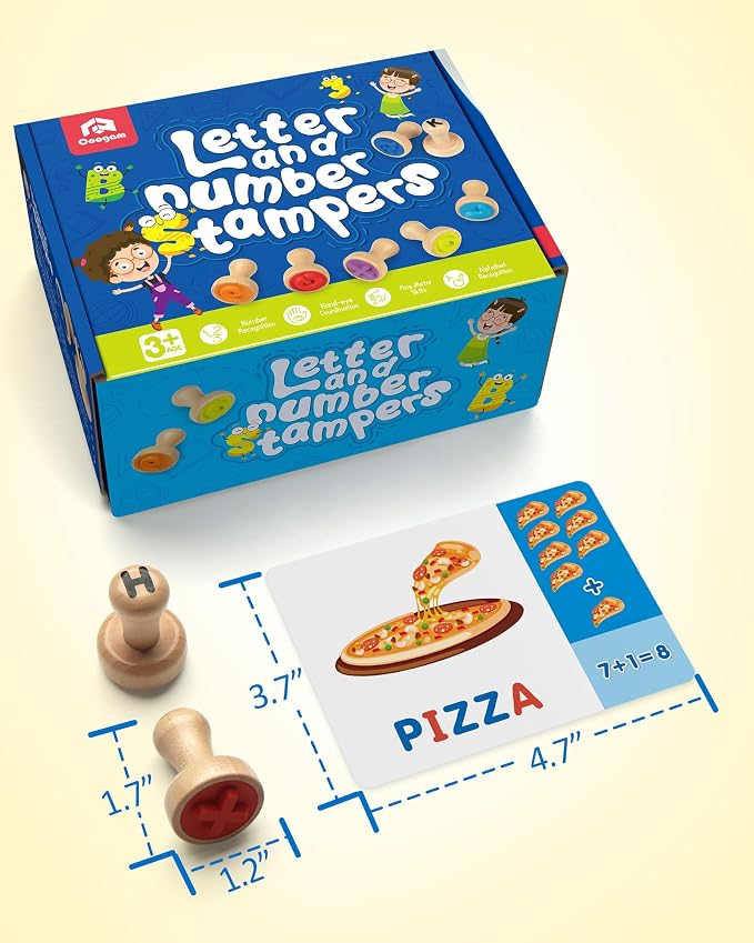 Coogam Wooden Alphabet Number Stamp Flashcard, ABC Spelling Letter Stampers and Mathematics Learning Number Stampers Arts and Crafts Supplies, Montessori Educational Toy Gifts for 3 4 5 Year Old - Image 7