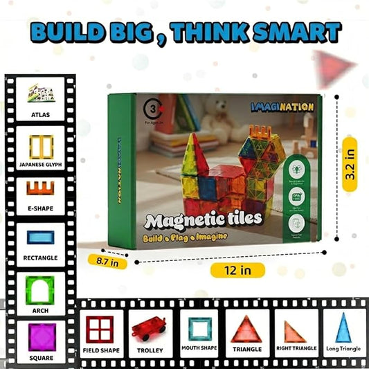 IMAGINATION 100 Piece Translucent Magnetic Tiles Set - 3D Magnet Building Blocks for Kids Ages 3-12 - STEM Educational Toy & Preschool Stacking Set - Image 2