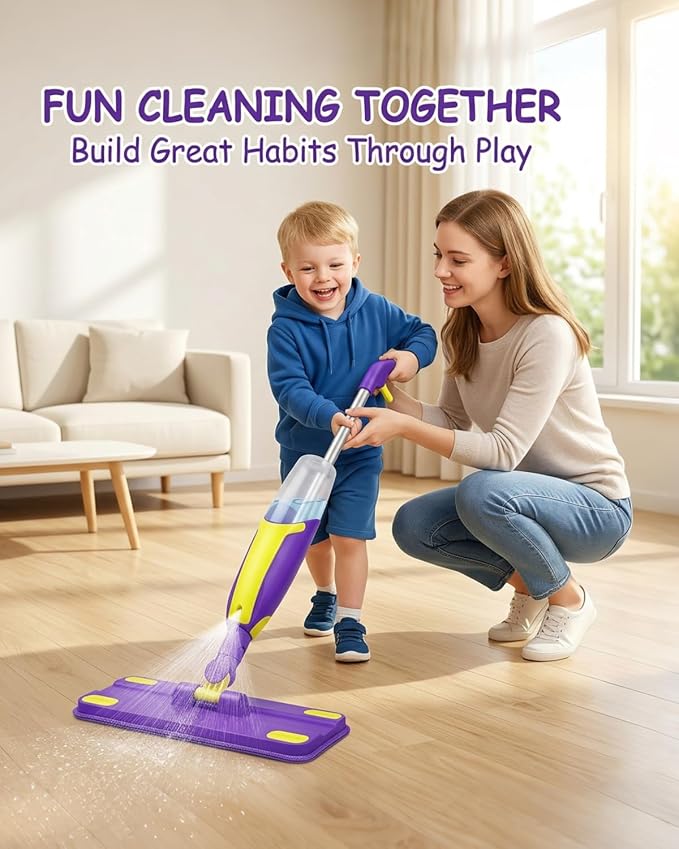 Kids Spray Mop, Fun & Functional Toddler Mop Cleaning Set,Real Working Mini Mop, Pretend Play Toy –Includes Spray Bottle,Washable Microfiber Pads, Montessori Kids Cleaning Toy Set - Image 9