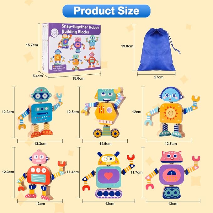 33-Piece Wooden Snap-Together Take-Apart Robot Building Blocks for Kids 3-6 - Image 7