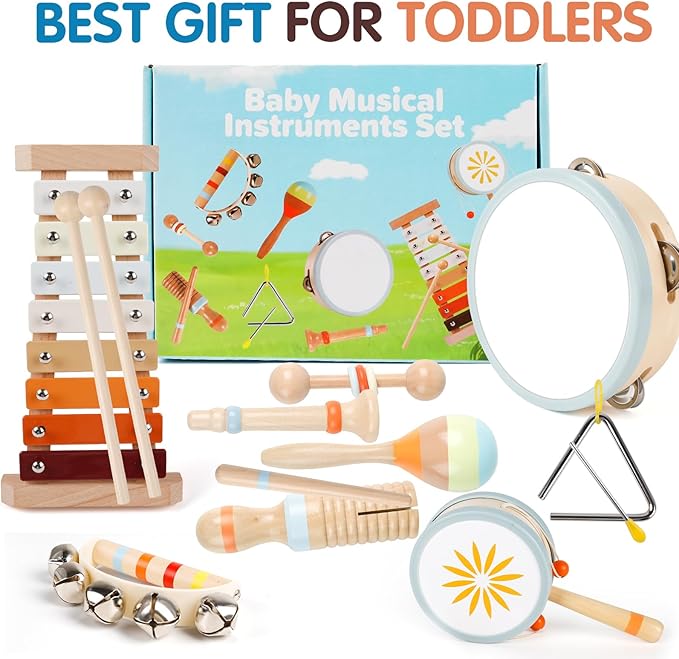 Wooden Toddler Musical Instruments Set, 9PCS Kids Montessori Toys, Baby Toys with Xylophone & Drum, Educational Gift for Ages 1, 2, 3 Year Olds