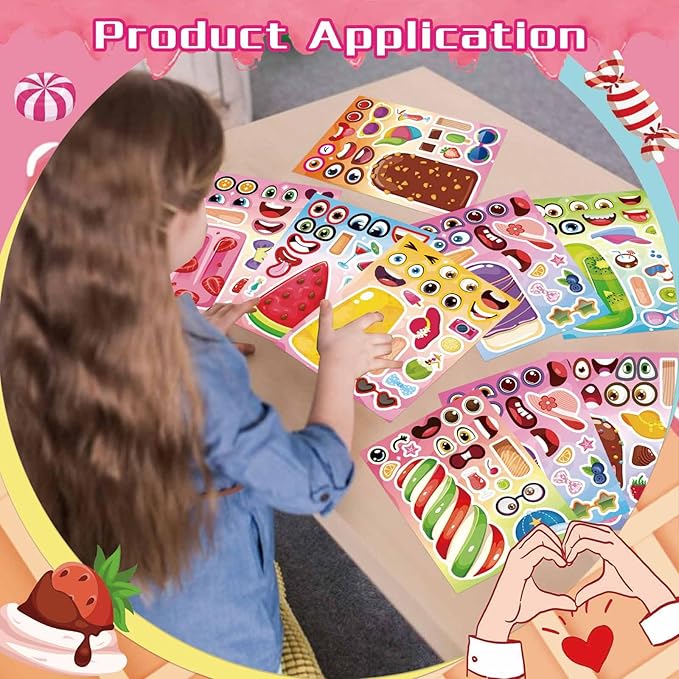 24 Sheets Make Your Own Ice Cream Stickers for Kids Toddlers, Make a Face Sticker Mix and Match Watermelon, Chocolate, Kiwi, Strawberry Ice Cream Stickers for Kids Activities Supplies Crafts