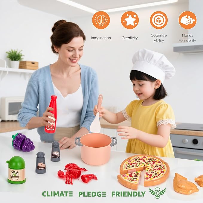 80pcs Pretend Play Kitchen Set for Toddlers, Kids Cookware Playset with Pots/Pans/Food/Fruits/Vegetables/Picnic Blanket/Storage Basket, Pink Educational Learning Toy Gift for Boys & Girls - Image 9