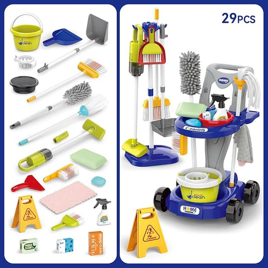 Toddler Cleaning Set,Kids Cleaning Toy Set,New 29-Piece Detachable Kids Cleaning Set for Toddlers - Pretend Play Educational Cleaning Carts (Blue)