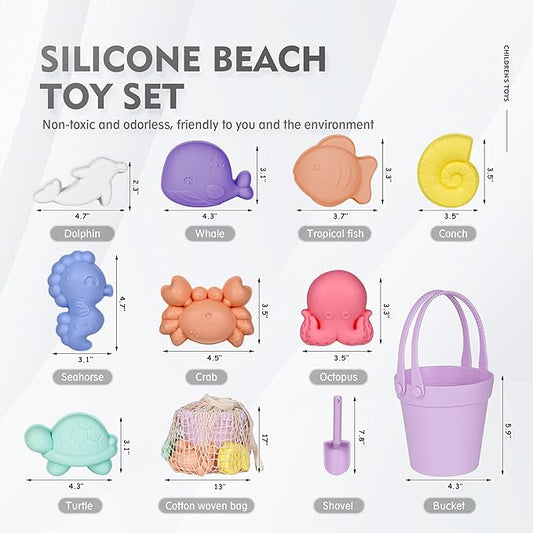 MarcZero 11Pcs Silicone Beach Toys,Modern Baby Beach Toys,Travel Friendly Beach Set,Eco Friendly Toy,Silicone Bucket, Shovel, 8 Sand Molds, Beach Bag,Silicone Sand Toys for Toddlers, Kids (Purple)