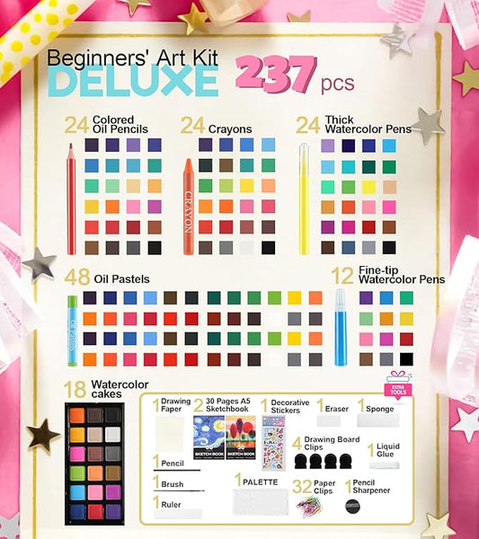 237-Piece Kids Art Set with Double-Sided Easel, Painting Kits for Kids Ages 4-8, Non-Toxic Art Supplies for Girls & Boys, Drawing Set with Watercolor, Oil Pastels, resent for Young Artists-Black