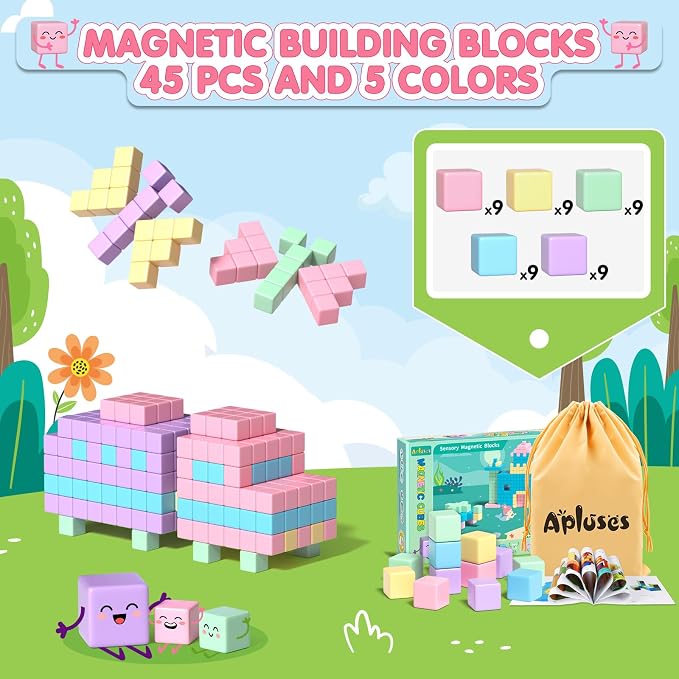 Apluses 45PCS Magnetic Blocks - Kids Girl Toys, Magnet Building Blocks, STEM Sensory Outdoor Autism Toys for 3-5 Year Old Boys & Girls, Magnetic Cubes Classroom Must Haves for Kids Ages 3+ - Image 7