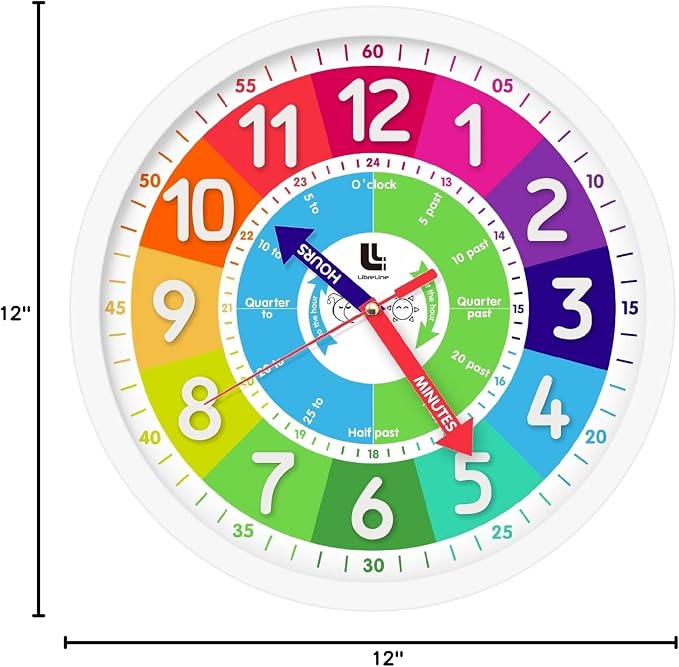 3D Kids Colorful Learning Wall Clock - Easy to Read - Telling Time Teaching Clock for Kids - Classroom Bedroom Wall Decor - Silent Analog Kids Clock for Homeschool, Playrooms, Nursery (12 inch) - Image 8