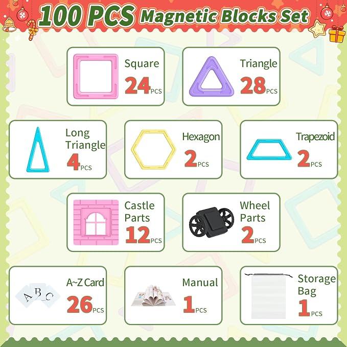Rurvale 100Pcs Magnetic Tiles, Magnet Blocks for 3 4 5 6 7 8 Year Old Boys Girls, Learning Educational STEM Toys for Toddlers 3-5, 4-8, Building Blocks for Kids Ages 3+ Birthday Gifts - Image 8