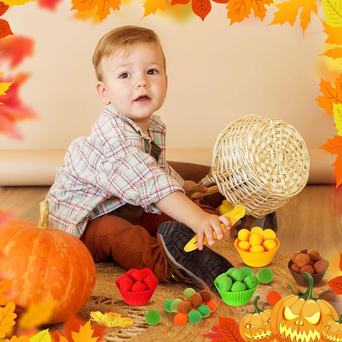 Hotop 312 Pieces Fine Motor Toys Counting Sorting Fall Thanksgiving Decorations 100 Pcs Assorted Pompoms 200 Pcs Artificial Maple Leaves 2 Pcs Tweezers 10 Pcs Cups for Autumn Thanksgiving Decoration - Image 6