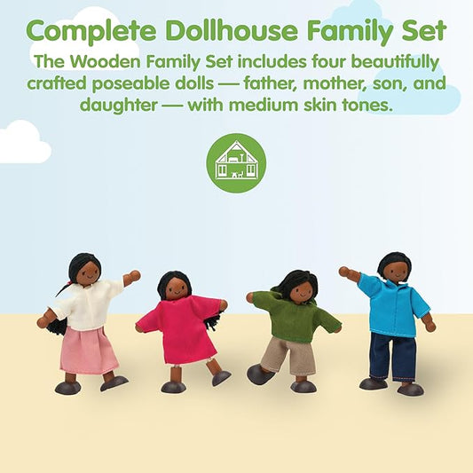 PlanToys® Wooden Dollhouse Family Set – Medium Skin Tone | Father, Mother, Son & Daughter Poseable Figurines | 1:12 Scale Wooden Dollhouse Accessories for Pretend Play