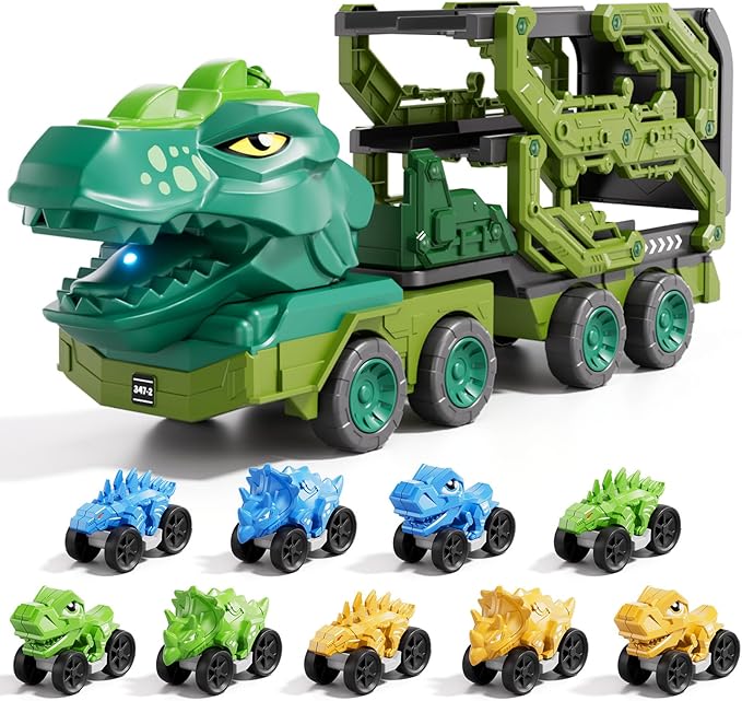 10 in 1 Dinosaur Truck Toys for Kids Toddlers Boys 3-5 4-8, Dino Carrier Truck with Foldable Track, Spray, Light & Sounds and 9 Dino Cars, Birthday Gifts for Kids Boys Girls 3 4 5 6 7 8 Year Old