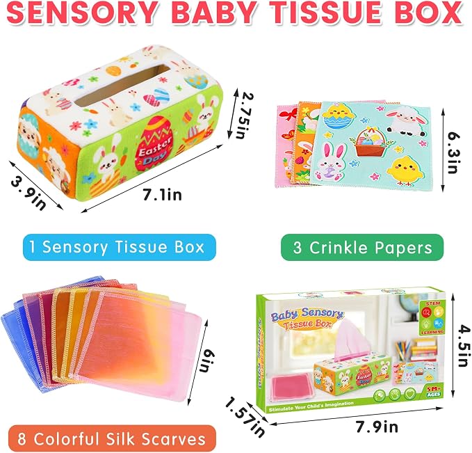 Easter Baby Toys - Easter Basket Stuffers for Babies 6-12 Months - Baby Tissue Box Toy Montessori Soft Stuffed Bunny High Contrast Crinkle Infant Sensory Toys 6 7 8 9 Months Easter Boy Girl Gifts - Image 7