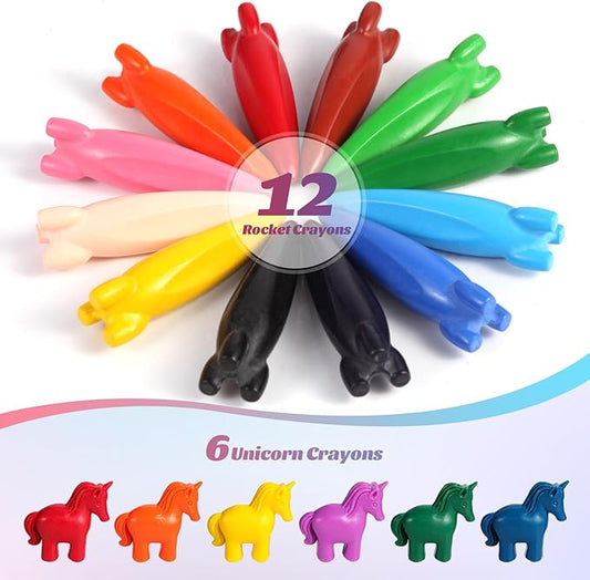 DreamCandy Rocket and Unicorn Crayons,18PCS Non Toxic Washable Toddler Crayons for Kids and Toddlers,Art Supplies Drawing Coloring Crayon Set,Gift for Girls and Boys,Back to School