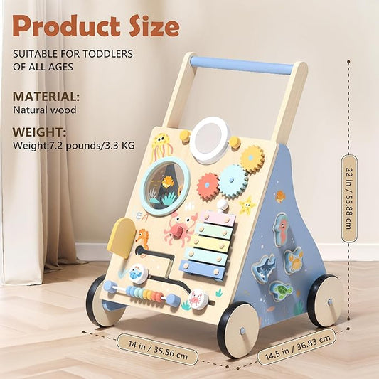 Wooden Baby Walker, Baby Push Walker with Montessori Toy for Girls Boys, Toddler Walking Toys for 18 Months of Age and Over Learning to Walk, Sit-to-Stand, Baby Activity Center for Kids Development