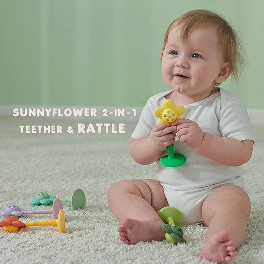 Baby Teething Toys, Teether and Rattle 2-in-1 for Babies 0-6 Months, Food Grade Silicone Teethers for Baies 3-6 6-12 Months, Infant Teething Relief Chew Toys, Sunnyflower Teether Toy BPA Free - Blue