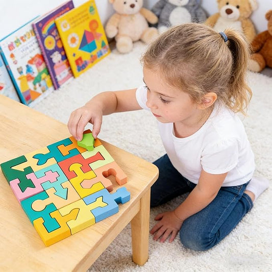 Puzzles for Kids - Wooden Shape Matching Puzzle, Educational Game Set, 16 Pieces | Boys Girls Ages 4-6 Home School Kindergarten Learning Cognitive Skill Development Fun Playtime