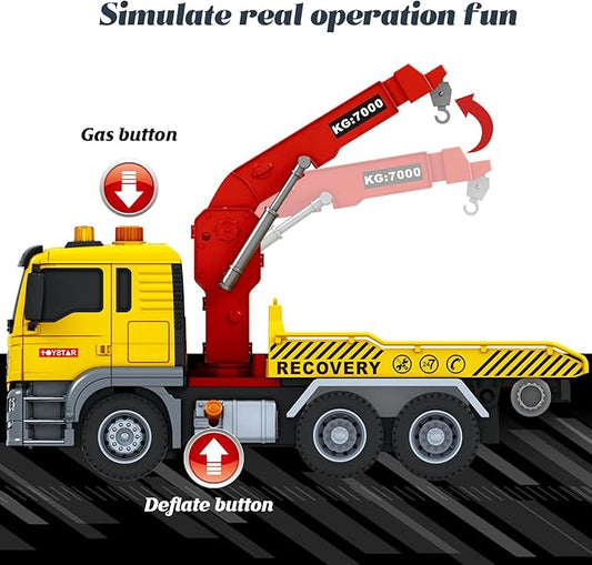 Friction Powered 15 Inch Large Tow Truck Toy with Lights & Sounds, Movable Crane Arm, Tilt Ramp & Roadster - Vehicle Play Set Gift for Boys Girls Kids Ages 3-7