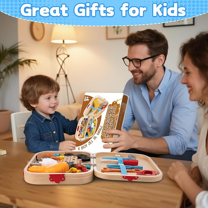 59Pcs Kids Tool Set with Electric Drill, Montessori Wooden Toys Kit - Image 6