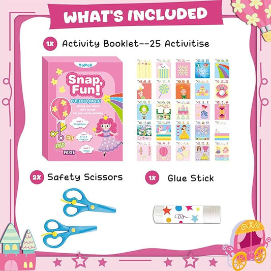 YoPoll Scissor Skills Activity Book for Kids, Toddler Arts and Crafts Kit with 2 Safety Scissors, Preschool Learning Toy for Fine Motor Skills and Creative Cutting Practice, Fun Gift for Boys & Girls