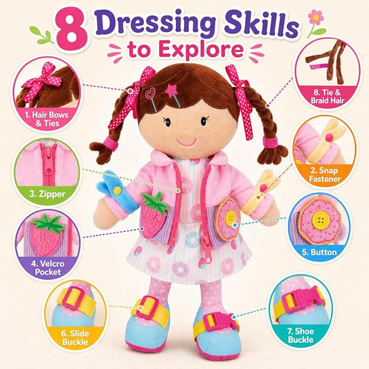 June Garden 15.5" Dressy Friends Daisy - Educational Stuffed Plush Doll for Kids and Toddlers 2 Years and Up - Montessori Buckle Soft Toy - Image 2