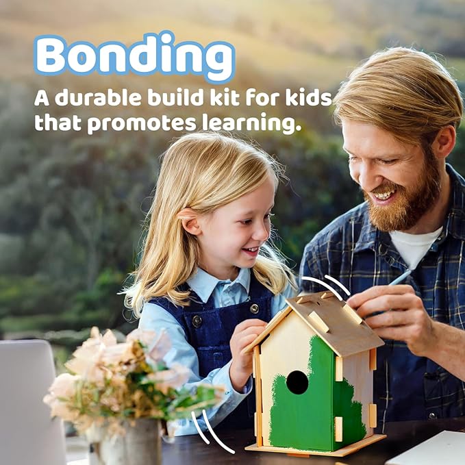 Neliblu DIY 12 Wooden Bird House Kits - Creative Arts and Crafts Set for Kids and Adults - Unfinished Wood Birdhouses with Paint Strips, Brushes, Stickers and Strings - 3 Unique Shapes, 2 Sizes