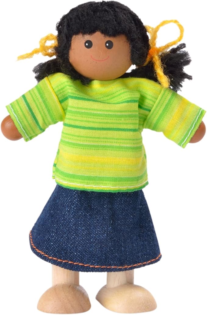 PlanToys® Wooden Girl Dollhouse Figure – Dark Skin Tone | Poseable 1:12 Scale Dollhouse People | Montessori Pretend Play Doll with Bendable Arms & Legs | Eco-Friendly Wooden Figurine for Kids