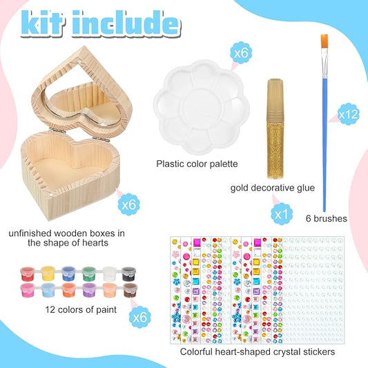 Kigley 6 Sets Paint Your Own Box Kit for Girls DIY Wooden Jewelry Box Unfinished Heart Boxes Arts and Craft Painting Gift Kits Christmas Crafts for Toddler Kids Ages 3-12 Year Old