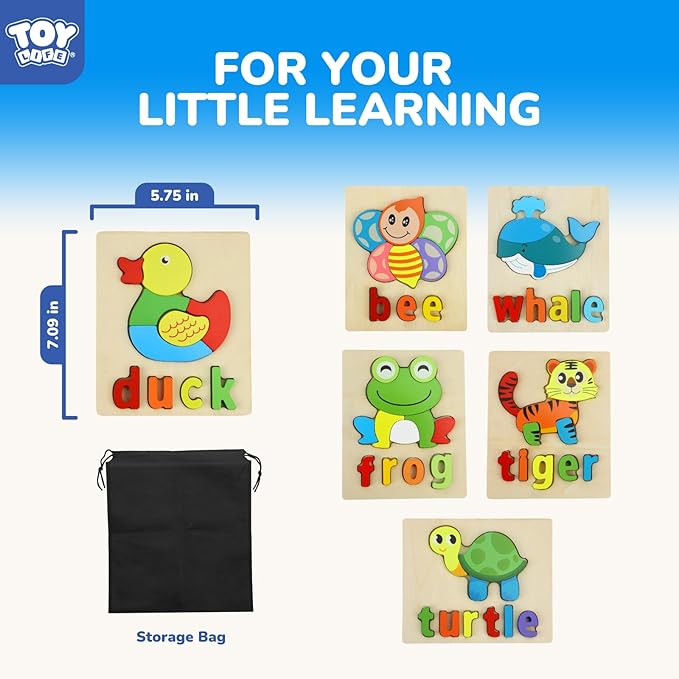 TOY Life Toddler Puzzles Ages 2-4, 6 Animals with Spelling Wooden Puzzles for Toddlers 3-5, Montessori Toys Gifts for 1 2 3 Years Old Boys Girls, Christmas Birthday Gifts Learning Toys for Kids