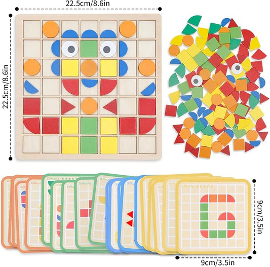 Montessori Tangram Educational, Geometric Shapes Puzzle Toys with 120Pcs Wooden Puzzle Blocks and 20Pcs Cards, Colorful Pattern Montessori Children's Educational Gifts for Kids Ages 3 and Up - Image 2