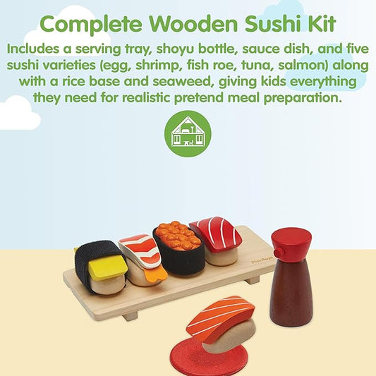 PlanToys® Wooden Pretend Play Food Sushi Kit for Kids | Kitchen Toy Includes Sushi Rolls, Nigiri, Soy Sauce Bottle & Serving Tray | Montessori Kitchen Role Play Toy for Toddlers