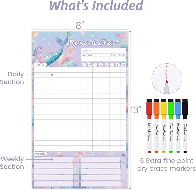 Clever Clean Dry Erase Chore Chart for Kids, Reusable Reward Chart, Non-Magnetic Kids Chore Board Clings to Any Smooth Surfaces, 6 Dry Erase Markers Included (Mermaid) - Image 6
