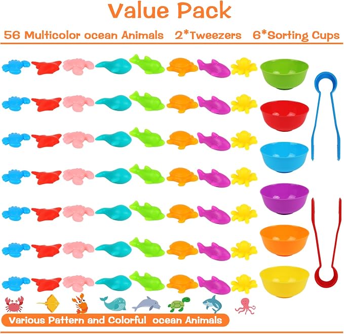 LOKIPA Counting Ocean Animal Toys, Color Sorting Set Ocean Animal Matching Game with Rainbow Sorting Cups Learning Activities Educational Sensory Toys for Toddlers Kids Ages 3 Years and Up - Image 8