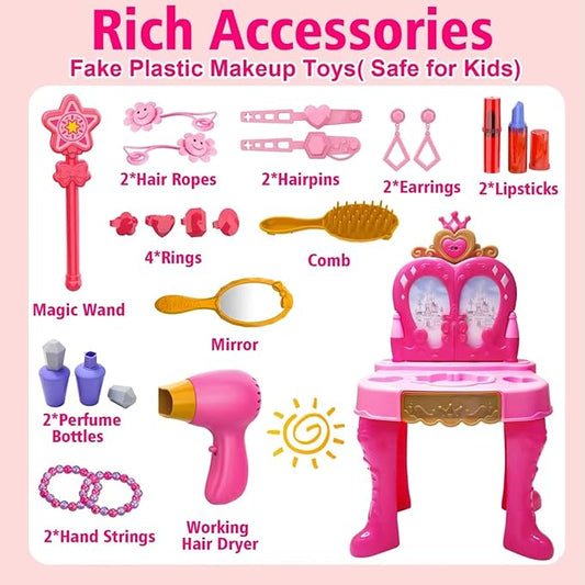 Toddler Vanity Magic Makeup Set Table and Chair Girl Toy Automatically Mirror with Music Light Pink Toys for 3 4 5 Year Old Girls Hair Salon Pretend Play Princess Dress Up Playset Gift Toddler 3-5