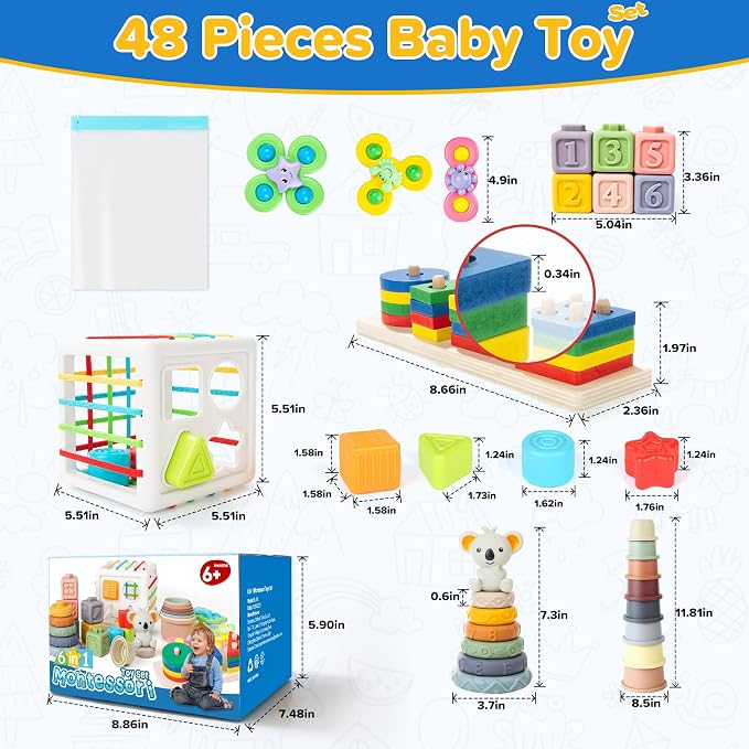 6-in-1 Baby Toys 6 to 12 Months, Montessori Toys for Babies 6-12-18 Months, Infant Teething Toy Stacking Blocks Rings Sensory Bin, Sorting Sensory Educational Learning Gift for Toddlers Aged 1-3 - Image 8
