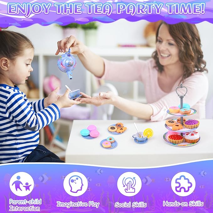 Auney Tea Set Toys for Girls 36pcs, Mermaid Pretend Play Gifts for Toddler Age 3-6, Kids Girls Toys Gifts for Party Time Including Carrying Case (Mermaid Toy)