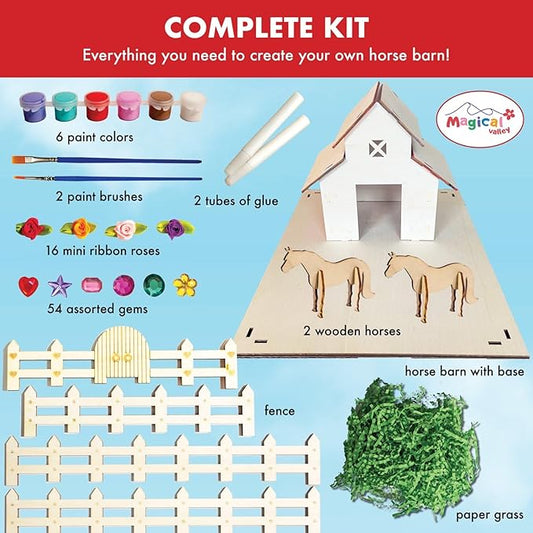 Magical Valley Horse Barn Craft Kit for Kids DIY Wooden Barn Building Set | Creative, Hands-On Arts & Crafts Activity for Horse Lovers | Imaginative Gift for Girls & Boys Ages 5-12