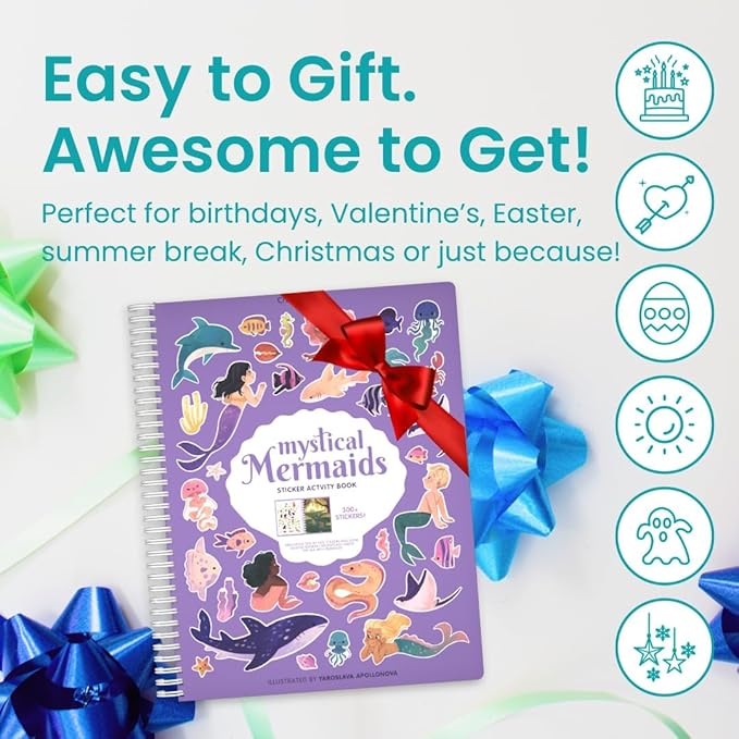 Mermaid Stickers by Cupkin, Toddler Sticker Book for Kids, Fun Toy, Toddler Road Trip Essentials, 300+ Girly Stickers + 8 Sticker Scenes and Coloring Pages, Mermaid Stickers Ages 2+