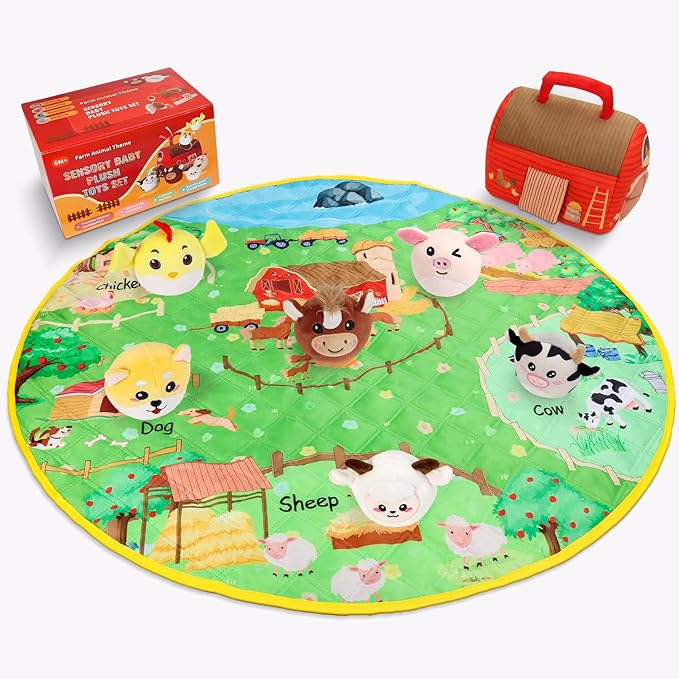 Plush Farm House Playset with 6 Farm Animal Toys & Play Mat – Soft Sensory Barn for Babies & Toddlers, Montessori Learning Toy, Portable Plush Playset for Early Animal Learning