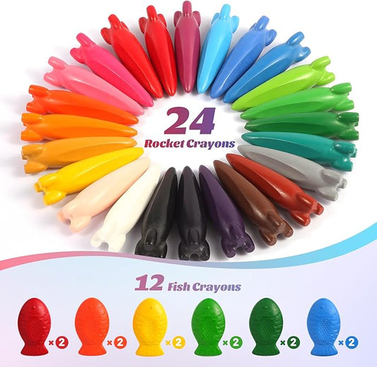 DreamCandy Rocket and Fish-Shaped Crayons,36PCS Non Toxic Washable Toddler Crayons for Kids and Toddlers,Art Supplies Drawing Coloring Crayon Set,Gift for Girls and Boys,Back to School