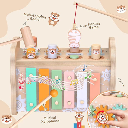 Wooden Montessori Toys for 1 Year Old, Pounding Hammering Toy with Xylophone & Fishing Game, Car Ramp Toy, Stacking Blocks & Shape Sorter 3 in 1 Wooden Toddler Toys 1 2 3 for Christmas Birthday Gifts
