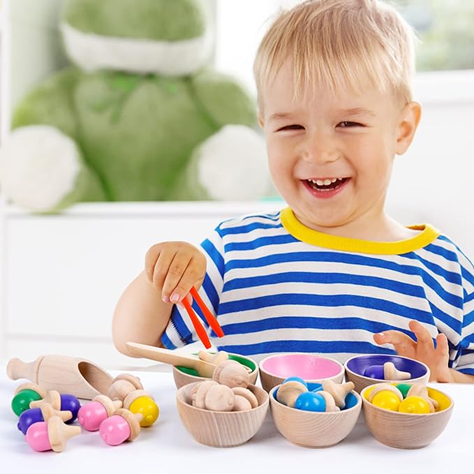 Wooden Color Sorting Toys for Toddlers - Montessori Counting Game with 6 Bowls & 20 Weighted Acorns - DIY Unpainted Pieces - Premium Educational Set with Tweezers, Spoon, Scoop & Bag - Kids 3+ - Image 6