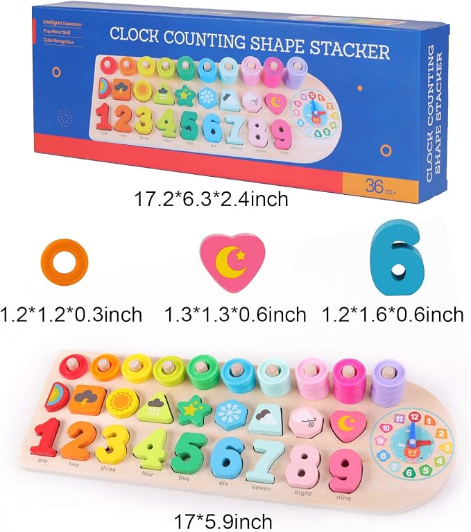 QZMTOY Preschool Educational Learning Montessori Toys for Kids, Toddler Puzzles Number Shape Sorter Counting Stacker with Clock Weather, Boys Girls Activities Math Game Gift for Age 3 4 5 Years - Image 8